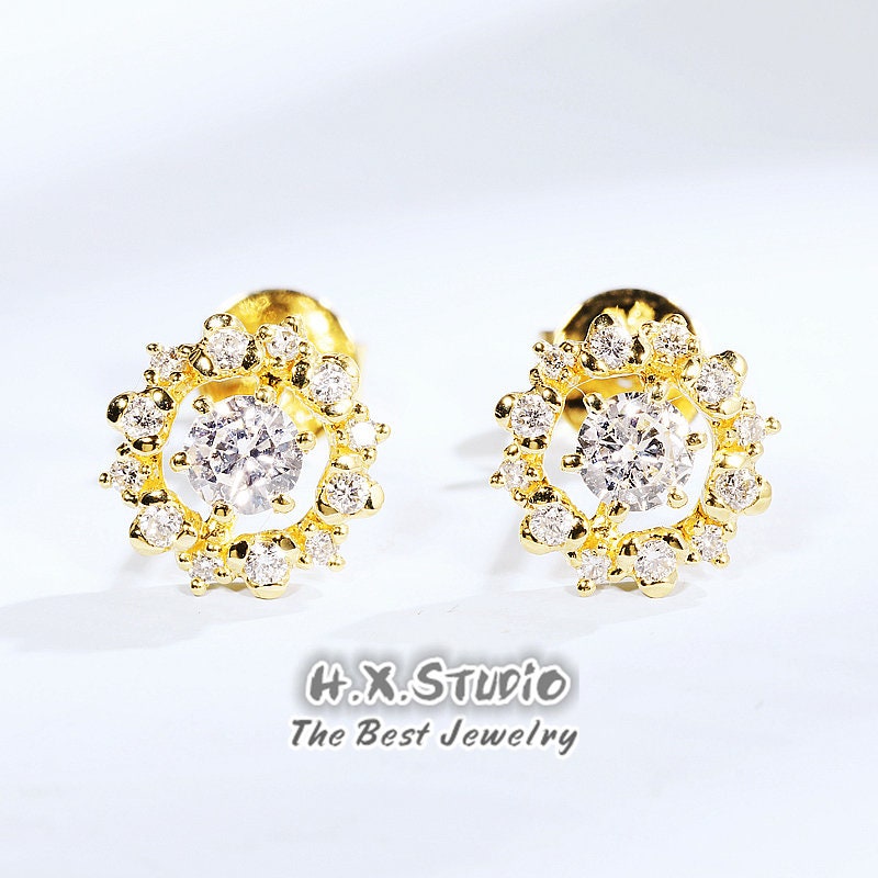 Dainty Diamond Stud Earrings, Solid 18K Gold, Genuine Diamond, Halo Earring, Gift For Her, Christmas, New Year, Customization Jewelry
