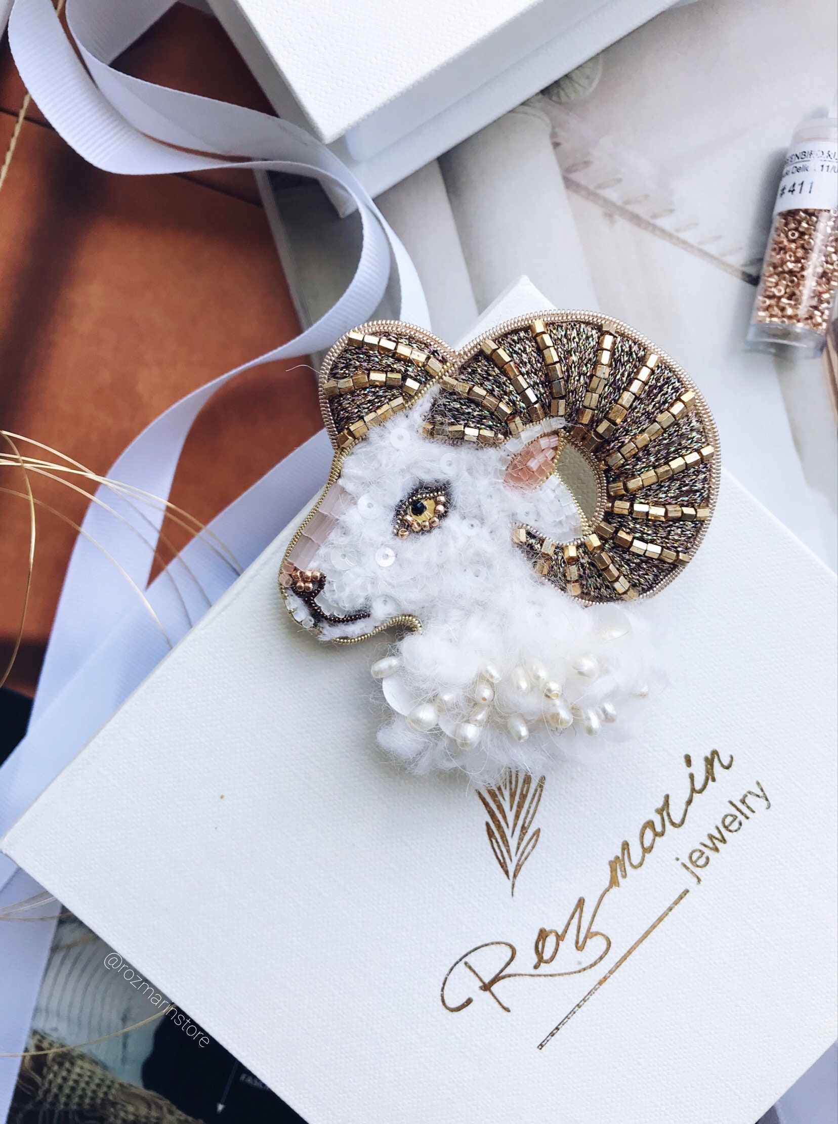 Aries Beaded Zodiac Brooch, Pin, Zodiac Brooch Ram
