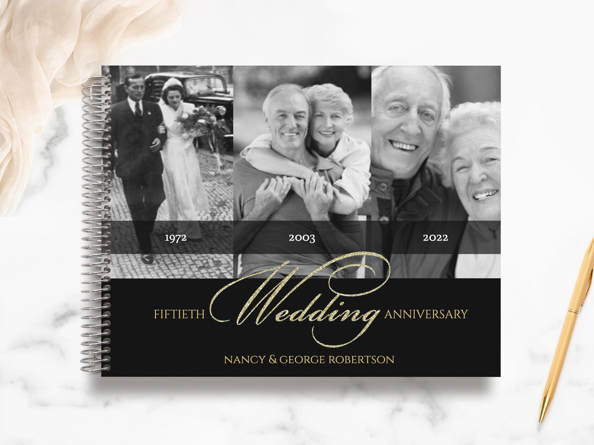 Anniversary Guest Book | Custom Guestbook Event Sign-In Personalized Keepsake Black Gold Classic Photo