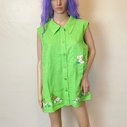 Lime Green Vintage 90S Linen Blend Butterfly Graphic Oversize Collared Top Xl 2X
