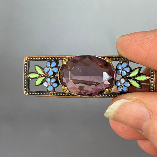 Arts & Crafts Copper Enamel Brooch With Faceted Glass Cabochon in Center