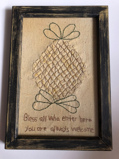 Handmade Framed Needlework Pineapple & Motto Bless All Who Enter Here You Are Always Welcome
