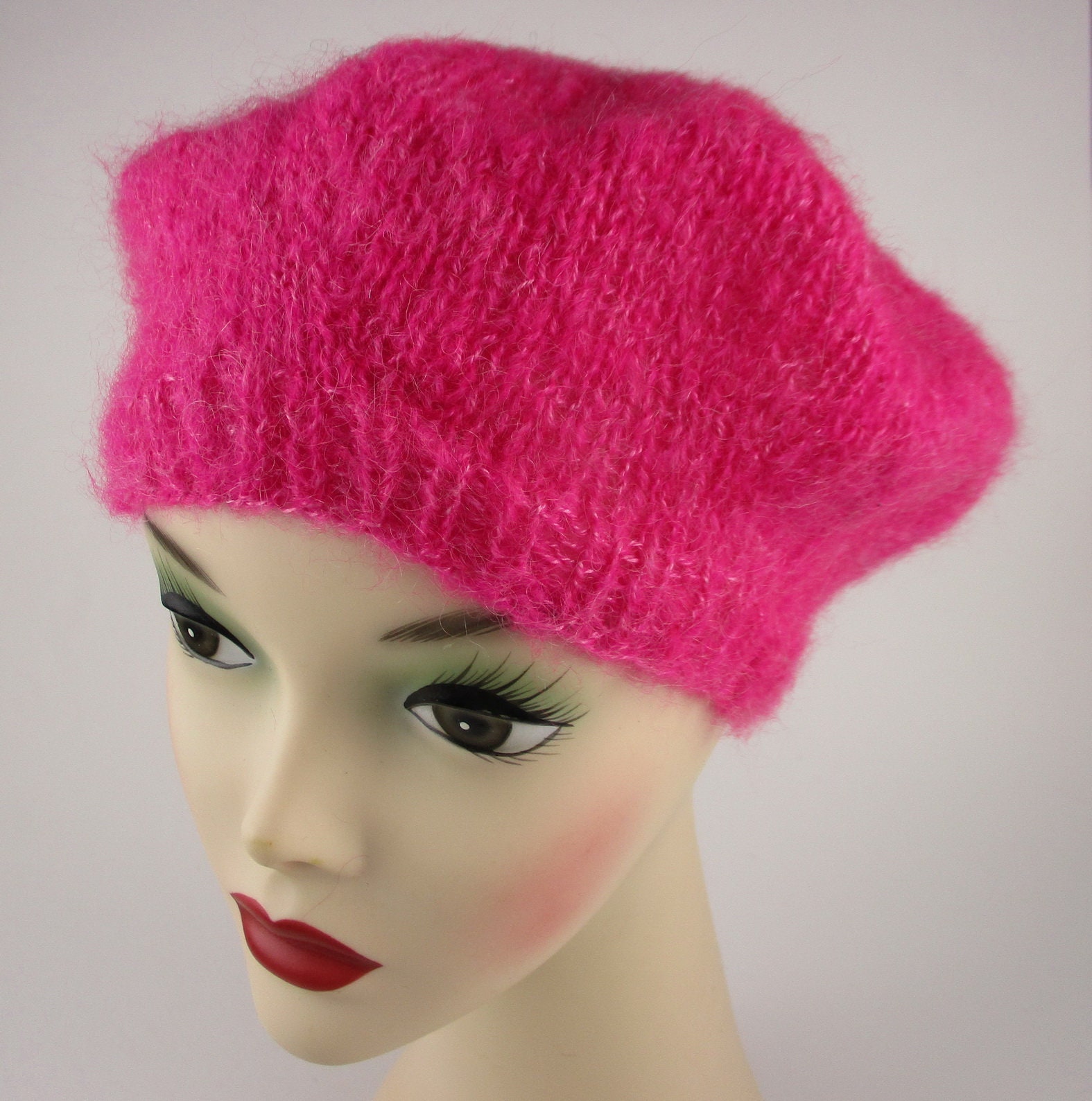 Hot Pink Mohair Blend Beret, Handknit Hat, Fits Most, 9.5 In. Dia., Lightweight & Warm, Classic Beret Style, Very Good Condition