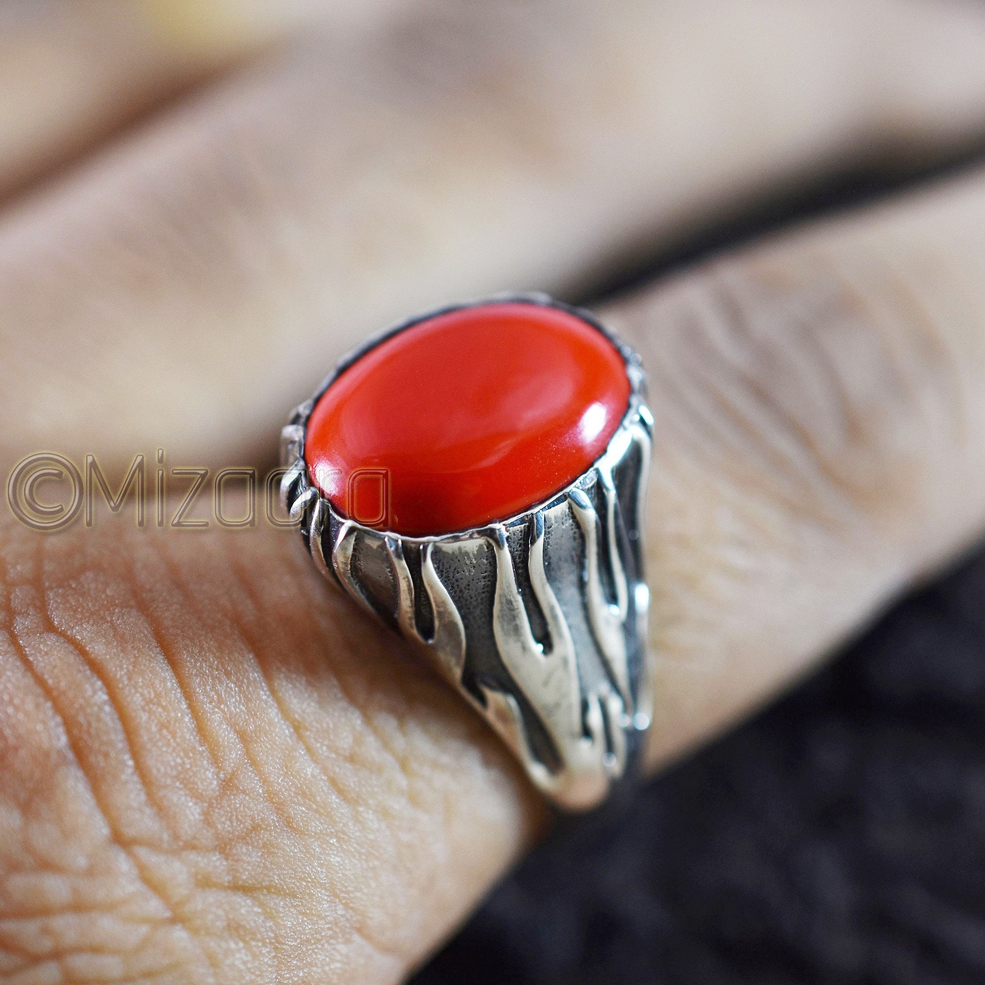 Coral Gemstone Silver Ring Sterling Red Handmade Signet Jewelry Wedding Smooth Unisex Gift