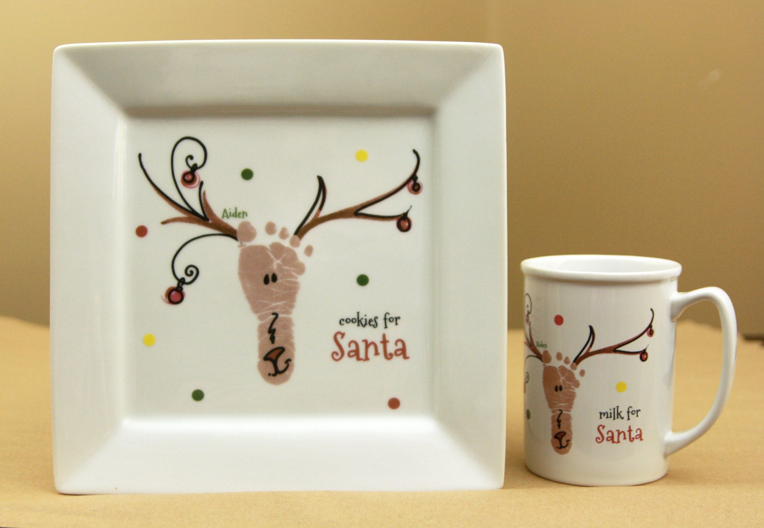 Cookies & Milk For Santa Footprint Reindeer Plate Mug Custom Porcelain Plate, Kiln Fired Last Forever. Your Families Actual Prints