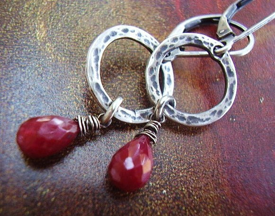 Red Ruby Hammered Ring Earrings
