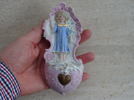 Religious Antique Catholic French Holy Water Font Stoup Of Porcelain With Guardian Angel Cherub Child Sacred Heart. | 2 Q