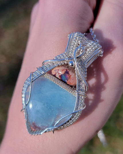 Aquamarine & Cantera Opal Wire Wrapped Pendant in Sterling Silver