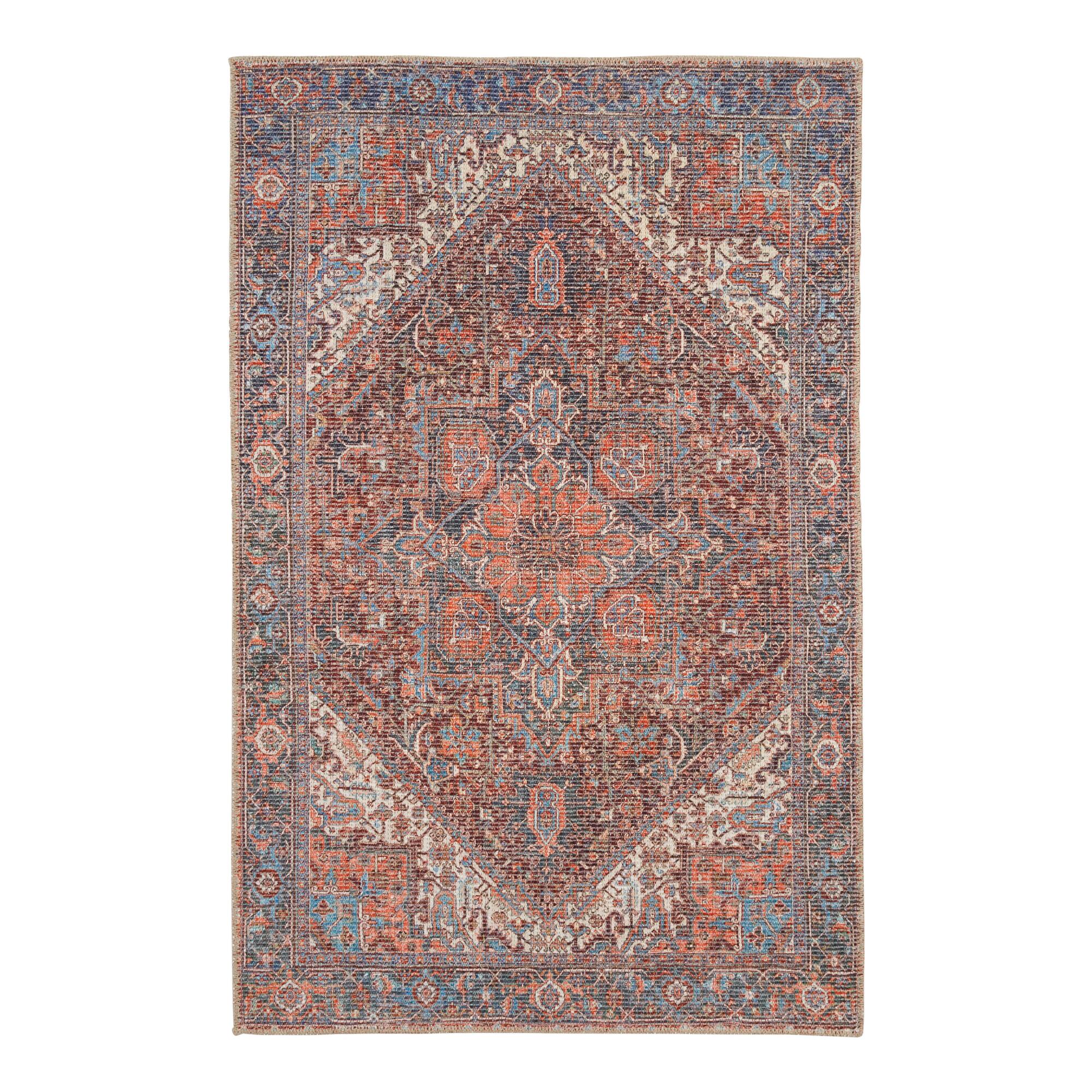 Blue and Red Distressed Persian Style Susa Area Rug: Multi - Cotton - 4' x 6' by World Market