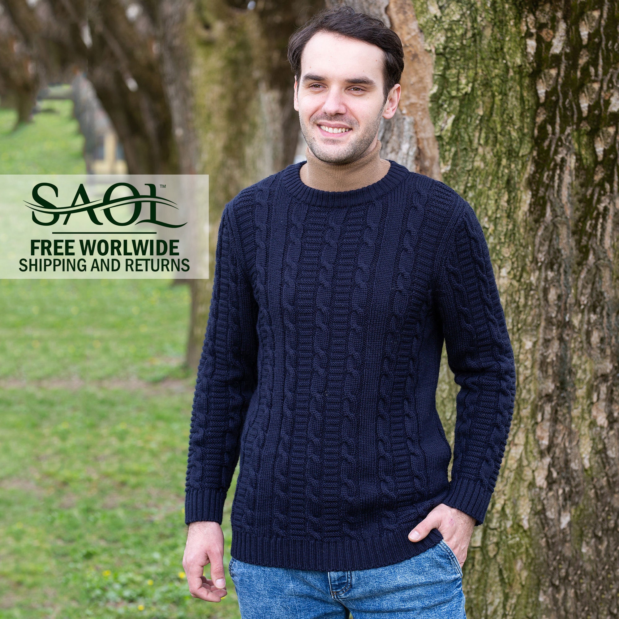 Irish Aran Sweater, Merino Wool Blend Fisherman Mens Traditional Cable Knit Pullover, Ireland Knitted Jumper