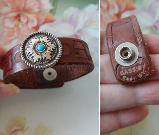 Vintage Artisan Tooled Brown Leather Snap Strap Bracelet Southwestern Style Design Silver Concho Blue Bead Stamped Cassidy Cody Wy 7" Length