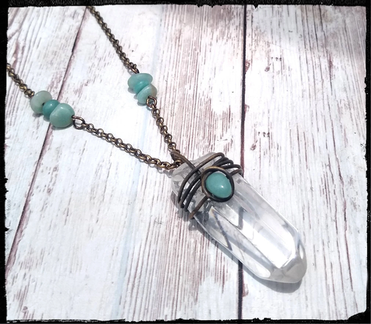 Crystal Point & Amazonite Wire Wrapped 2" Quartz/Amazonite Pendant Necklace | Oxidized Solid Brass Boho Gift For Her