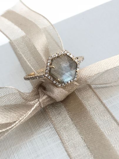 14K Gold Diamond Aaa Labradorite Ring, Labradorite Engagement Ring