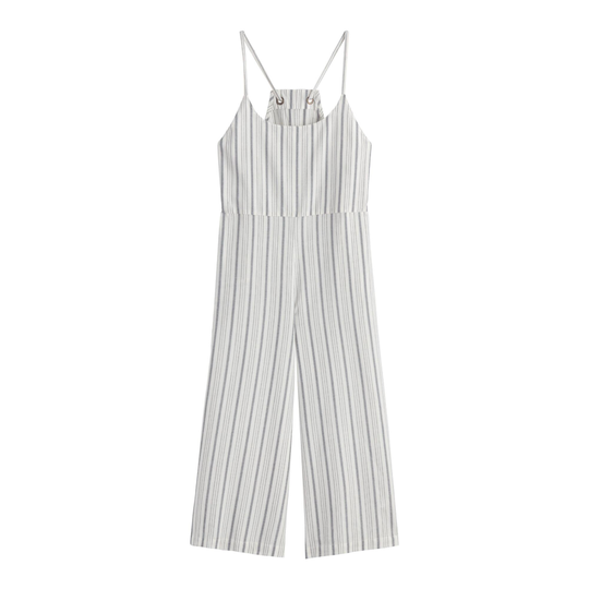 Navy Blue And Ivory Stripe Carissa Overalls With Pockets: White - Cotton - Large by World Market