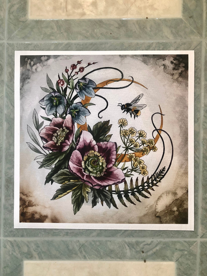 Hellebore, Bluebells, Queen Anne's Lace & Bee