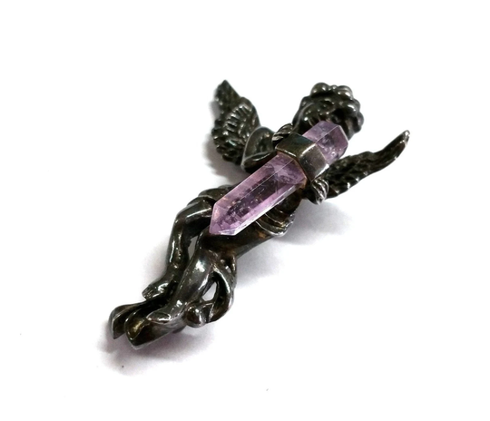 sterling Silver Cherub Putti With Crystal Brooch/Pin
