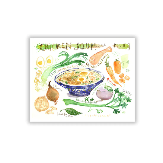 Chicken Soup Recipe Print, "Jewish Penicillin" Poster, Watercolor Painting, Kitchen Wall Art, Healing Food Illustration, Horizontal Artwork