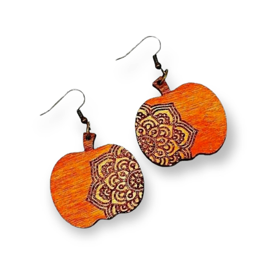 Pumpkin Earrings, Wood Mandala Fall Glitter Halloween Dangles