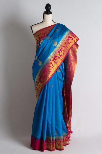 Blended Silk Baluchari Saree in Blue & Hot Pink