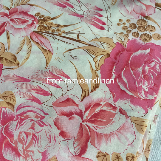 Silk Fabric, Big Pink Flower Print Cotton Blend Half Yard By 35 1/2" Wide
