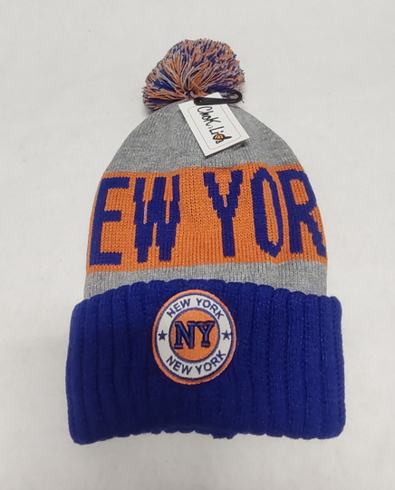 New York Orange & Royal Blue Blended Ribbed Tri Color Pom Beanie. Adult One Size Slouch Style Will Easily Stretch To Fit Most All
