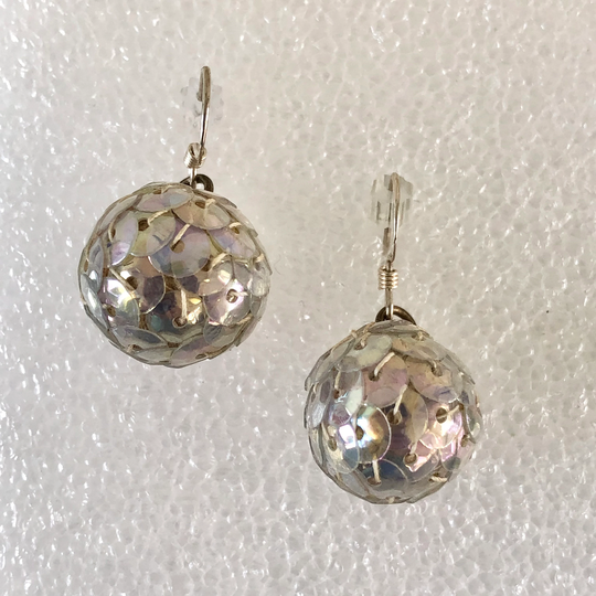 Vintage Earrings Silver & White Iridescent Sequined Balls Dangling Ear Wires
