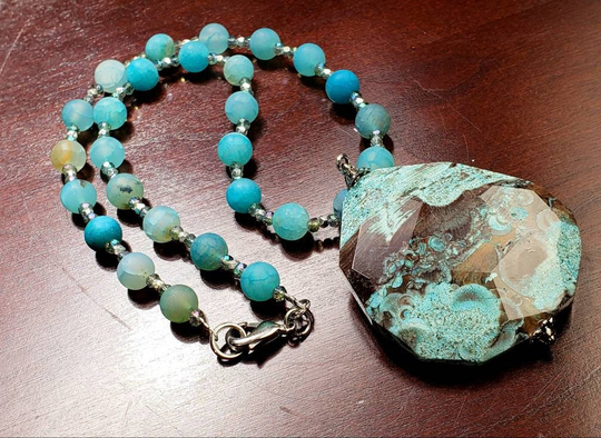 Ocean Jasper Large Pendant With Matte Fire Agate Natural Gemstone Handmade Necklace 18" Plus 2" Extension To 20". Gift