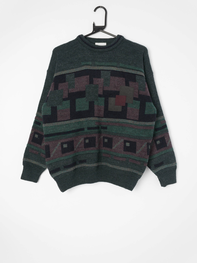 90S Mens Vintage Burton Wool Blend Jumper With Abstract Geometric Pattern - Medium