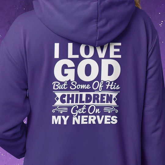 Heavy Blend Hoodie Sweatshirt "I Love God" White Graphic Print On Back