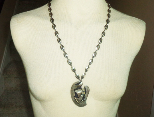 Rare Rame' Brutalist Statement Hook Necklace 22 Inch Long Vintage Silver Tone Metal