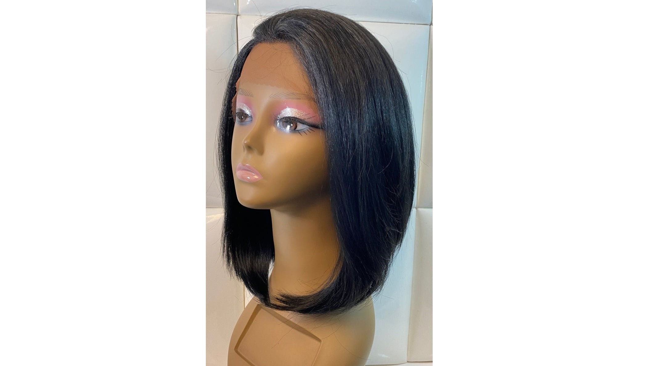 Human Hair & Synthetic Blend Wig - Soft Black Swiss Lace Front Long Sleek Bob Natural Yaki Stylish Short Hairstyle Alt Goth Punk