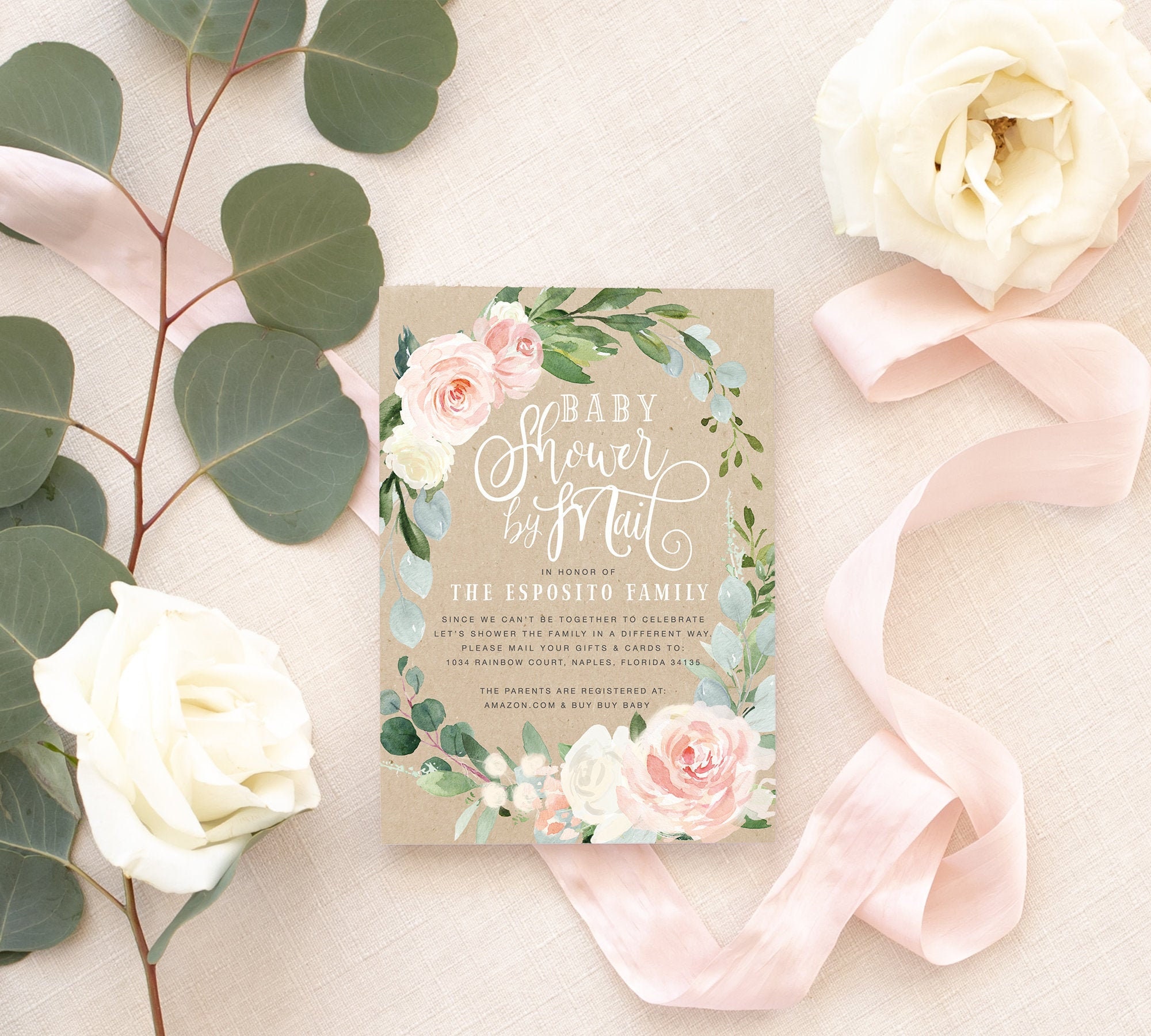 Baby Shower By Mail Invitation, Virtual Change Of Plans, Girl Invite - Digital Or Printed Blush Laurel
