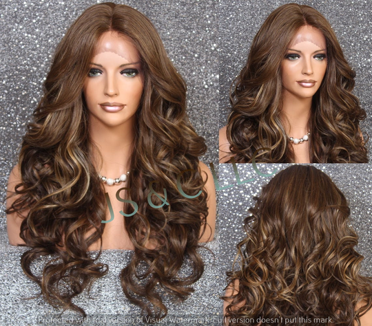 Caramel Brown Mix Human Hair Blend Lace Front Full Wig Center Hand Tied Part Curly Layered Cancer/Alopecia/Cosplay