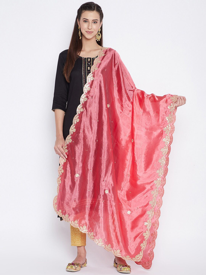 Women's Silk Blend Peach & Gold-Toned Ethnic Motifs Embroidered Dupatta Free Shipping