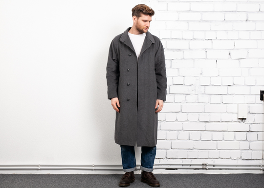 Grey Wool Blend Coat . Vintage Winter 1980S Topcoat Greatcoat Jacket Warm Men's Mac Size Large L