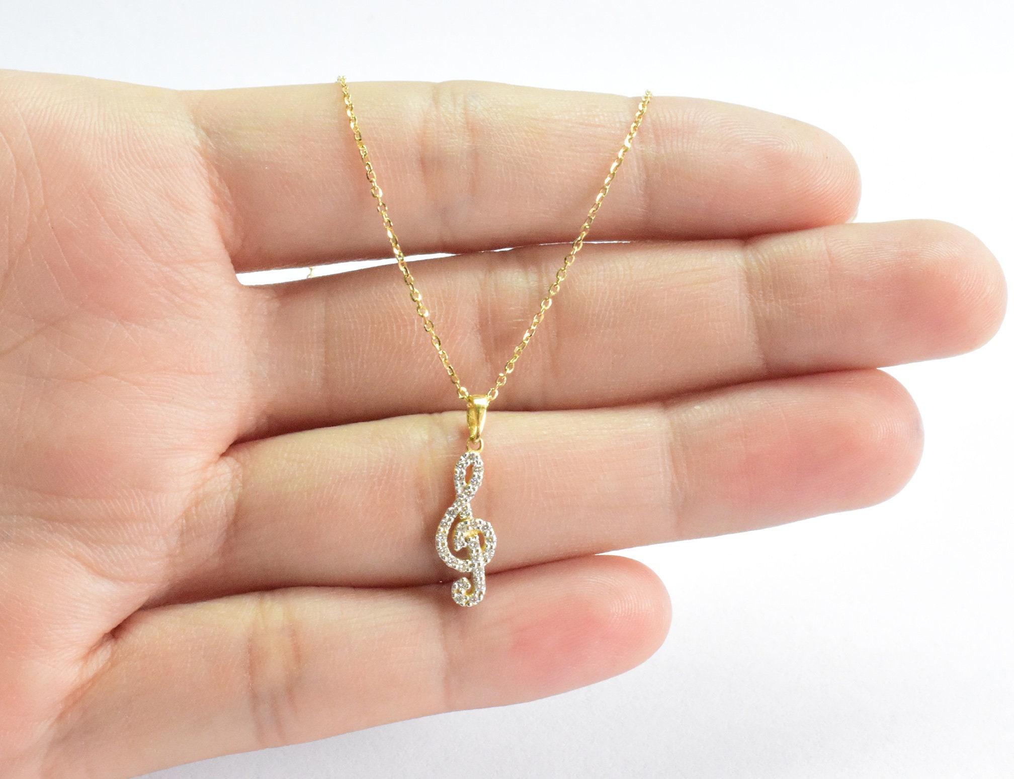 10K 14K 18K Gold Diamond Music Note Necklace/Treble Clef Delicate Musical Jewelry Micro Pave Rhinestone Pendant