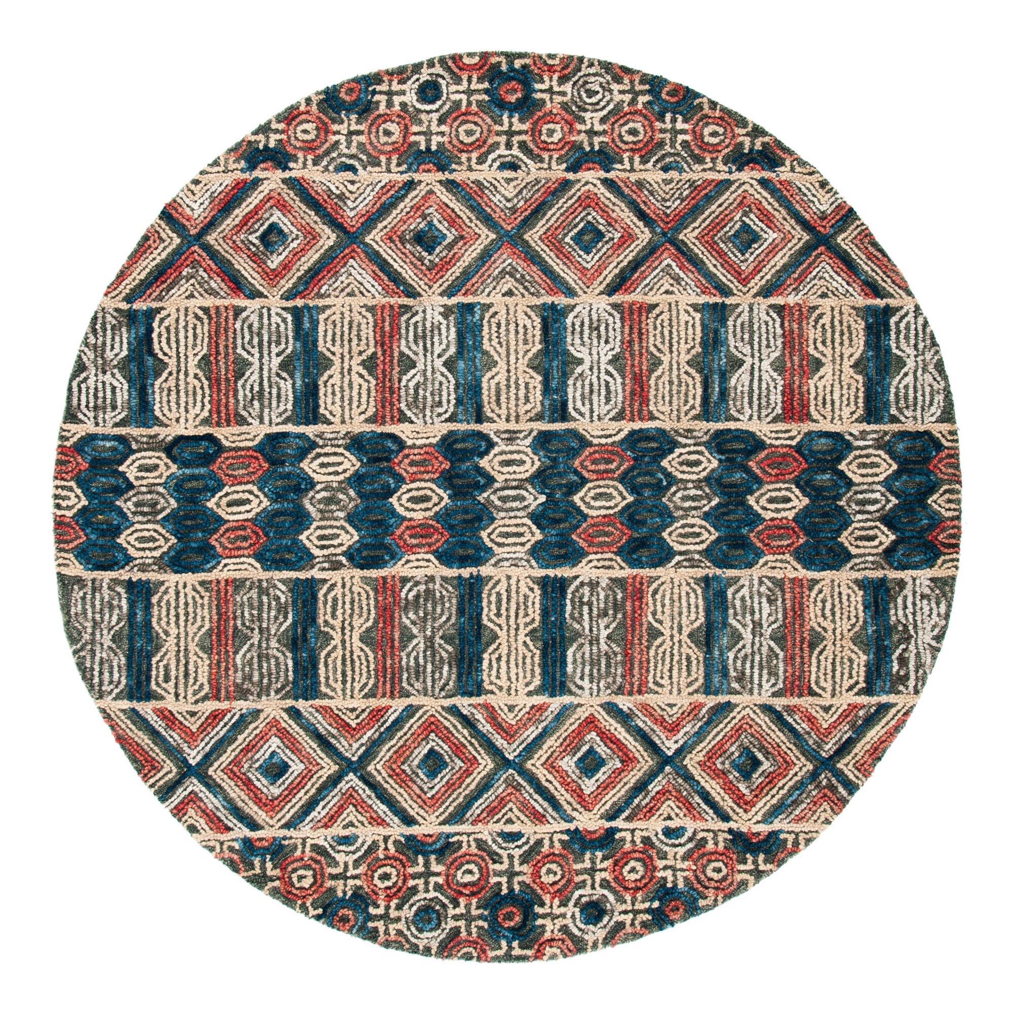 Round Gray and Navy Geometric Tufted Wool Harper Area Rug: Blue/Gray by World Market
