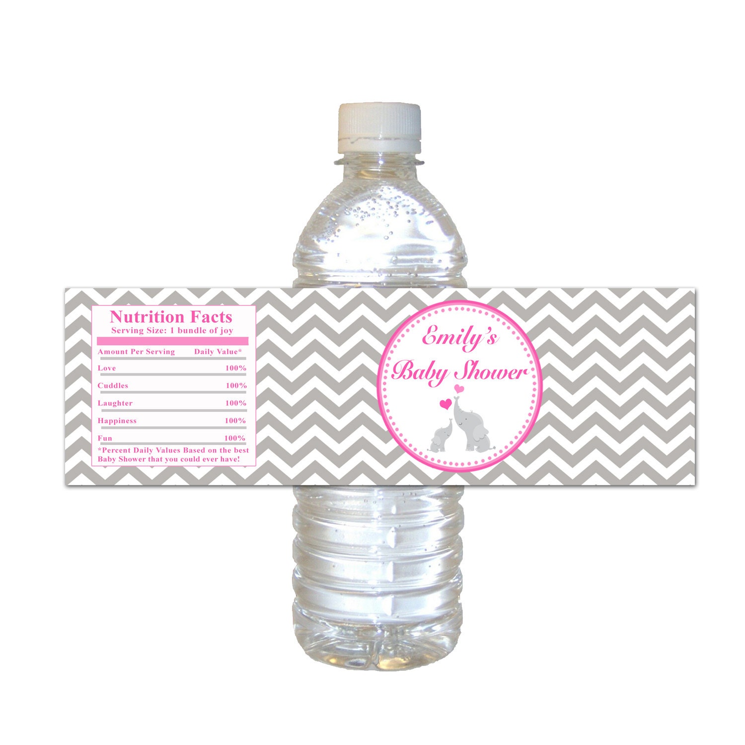 Printable Personalized Pink Chevron Elephant Baby Shower Water Bottle Labels Wrappers - Party Favors Items