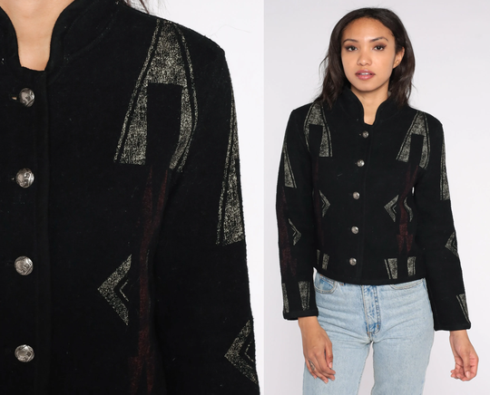 Southwestern Blazer Y2K Black Western Jacket Boho Woven Blanket Coat Wool Blend Concho Button Southwest Vintage Bohemian 00S Extra Small Xs