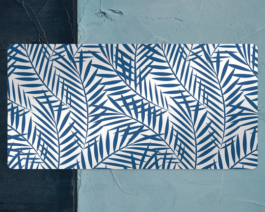 Blue Tropical Palm Desk Pad, Navy Blotter, White Keyboard Mat, Botanic Protector, Office Decor, Cover, Housewarming Gift