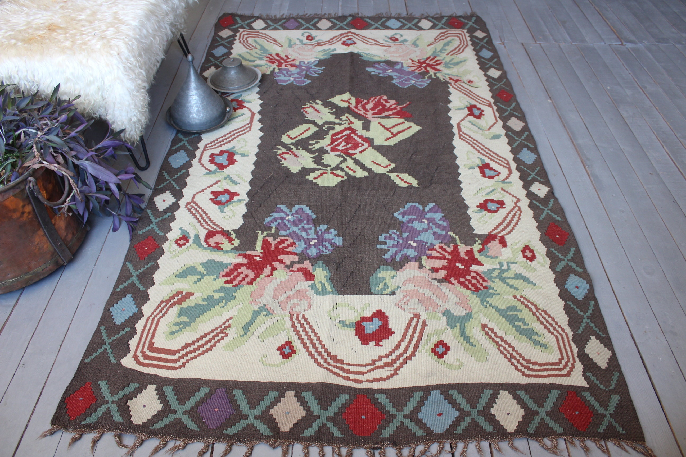 4'6x7'6 Ft Vintage Karabagh Kilim, Ethnic Floral Bohemian Kilim Rug, Area Karabagh Rug"