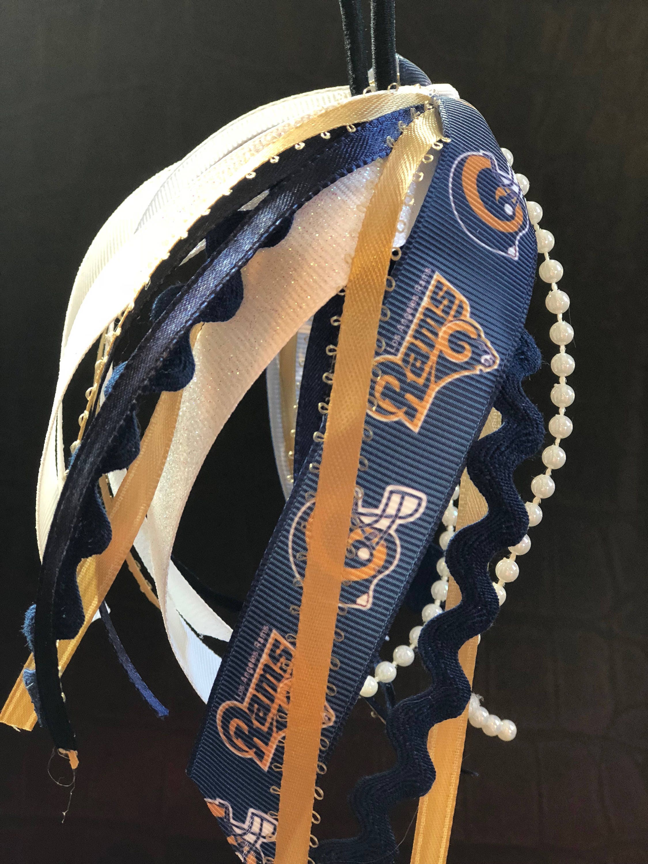 Los Angeles Rams Elastic Ponytail Streamer Bow. Cheer Football Sports Hair Accessory. Ribbons