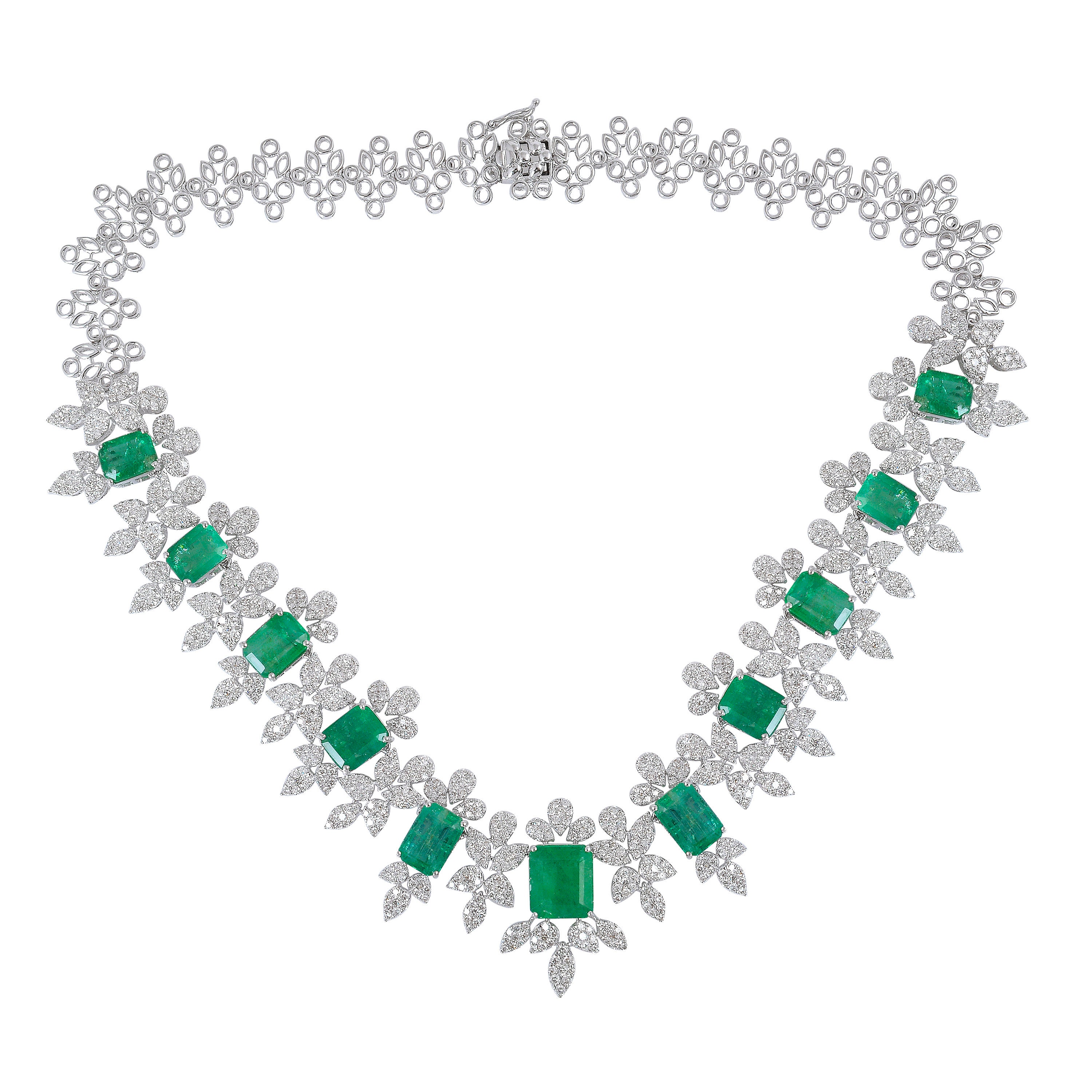 On Sale 14K Solid White Gold Natural Pave Diamond Emerald Necklace Si Clarity Hi Color Certified Diamonds Jewelry Anniversary Gifts