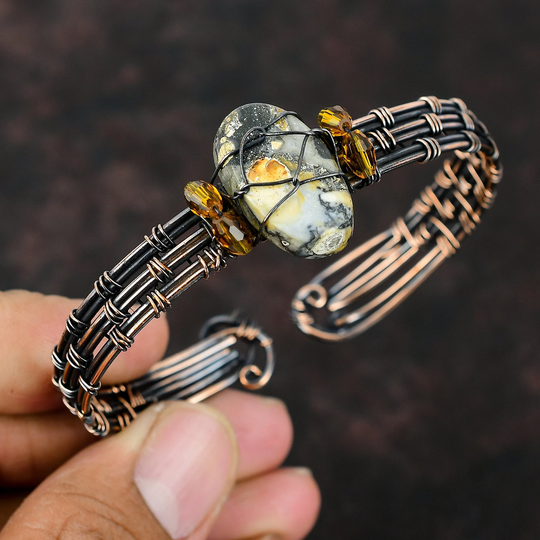 Maligano Jasper Cuff Bracelet Citrine Beads Bangle Copper Wire Wrapped Stone Jewelry Adjustable Handmade