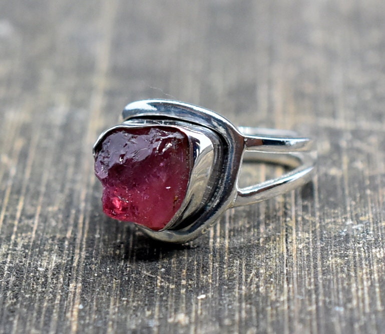 Pink Tourmaline 6 Us Ring, Silver Handmade Raw Stone Birthstone T3 Women Gift Bezel