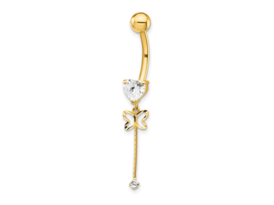 14K Yellow Gold Heart & Butterfly Cz Belly Ring/Button Navel Real Gift Box Included