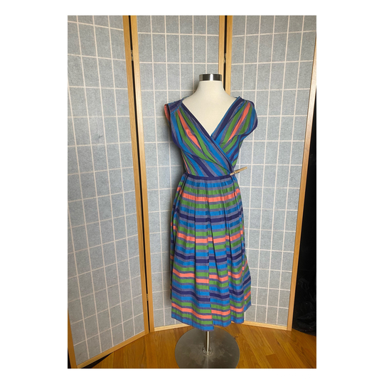 Vintage 1950's Jewel Tone Stripe Nelly Don Wrap Dress, Size Xs