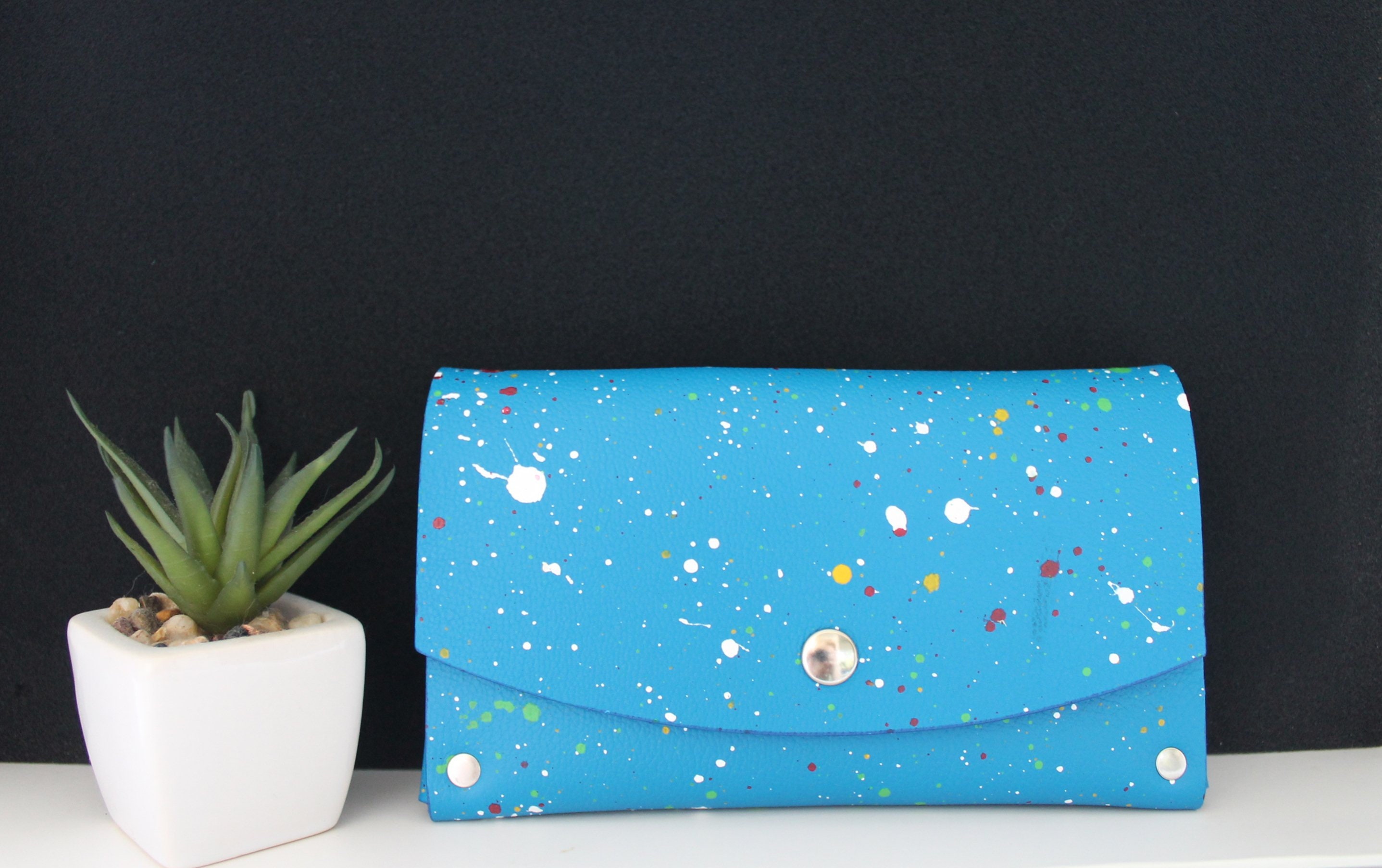 Turquoise Leather Wallet With Abstract Design - Space Theme Purse For Women Minimalist Credit Card Holder