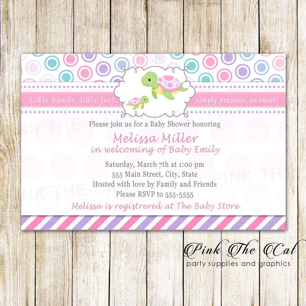 Turtle Baby Shower Invitation - Pink Green Stripes Polka Dots Boy Invite Also Birthday Printable Personalized