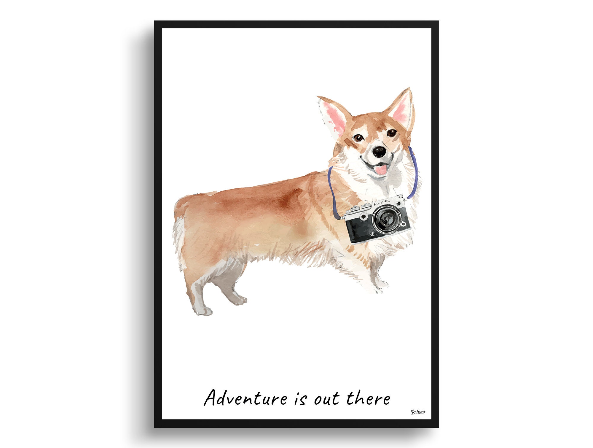Adventure Is Out There Corgi Dog Print Illustration. Framed & Un-Framed Wall Art Options. Personalised Name
